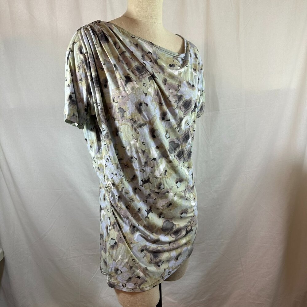 Anthropologie / Deletta Green Blue Gray Floral Gathered Draped Top Size L